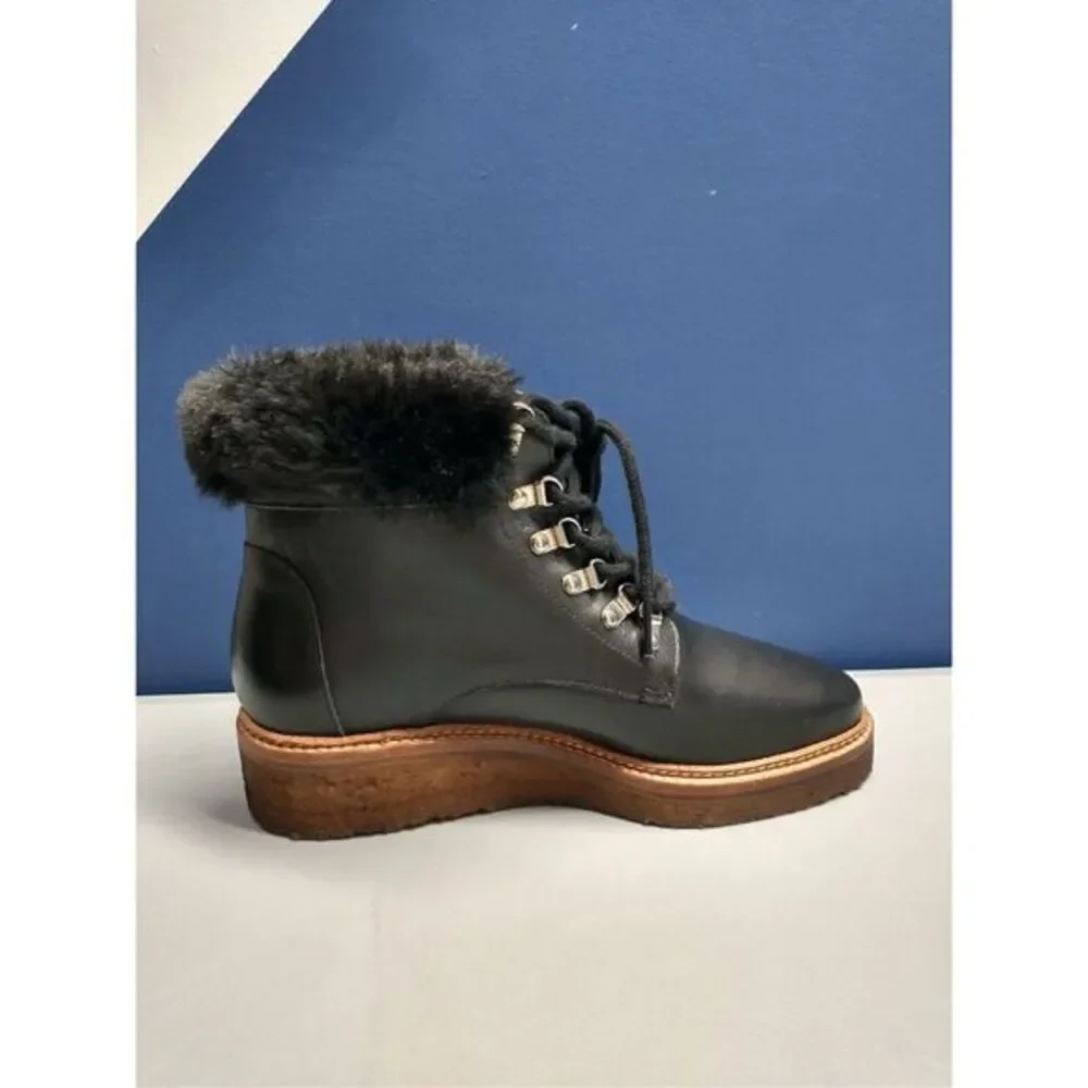 Botkier Winter Boots Womens Size 6 Black Leather Faux Fur Trim Round Toe Lace Up